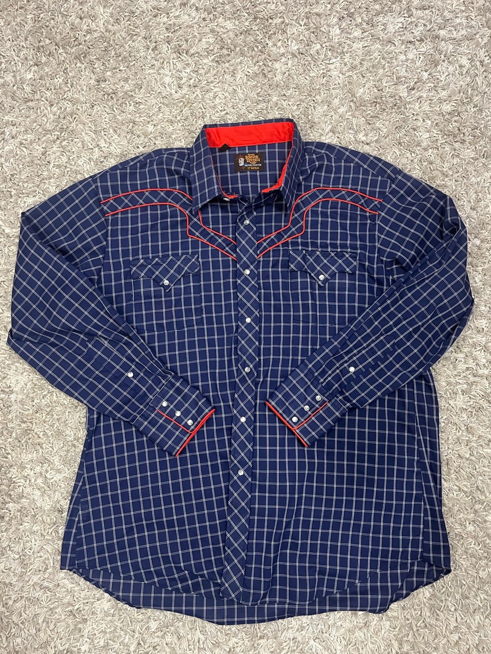 Vintage Kenny Rogers by Karman Navy Plaid Button-Down Shirt with Red Trim